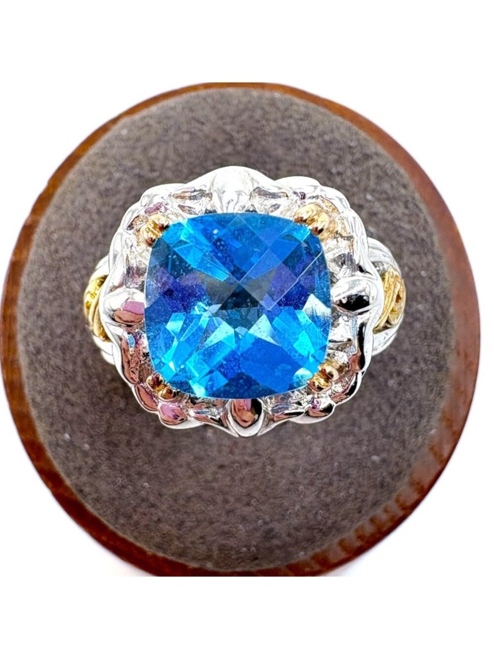 Blue Topaz Prong Set Statement Ring VTG Two Tone Sterling Silver 925 Size 8.75